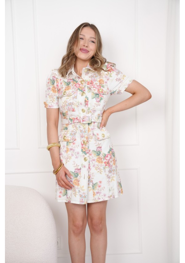 JEANSOWA SUKIENKA MINI W KWIATY Z PASKIEM FLOWER MOOD