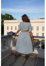 SUKIENKA MIDI W GROSZKI Z WIĄZANIEM PRZY DEKOLCIE ORAZ GUMĄ I PASKIEM W TALII