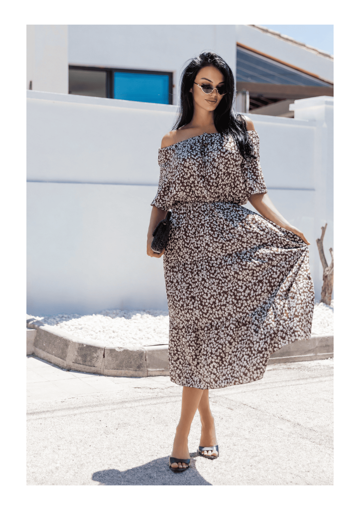 SUKIENKA MIDI HISZPANKA W DELIKATNY PRINT Z ELASTYCZNĄ TALIĄ – VALENCIA