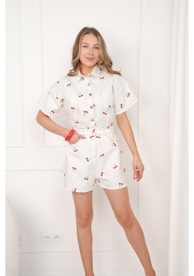 KOMBINEZON JEANSOWY W WIŚNIE Z KRÓTKIM RĘKAWEM OH MY CHERRY