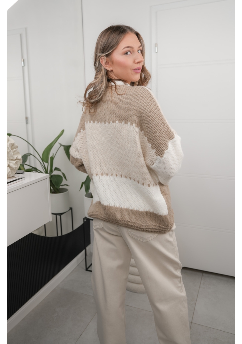 SWETER KARDIGAN OLIWIA W KOLOROWE PASY Z OZDOBNYM WYKOŃCZENIEM RĘKAWA