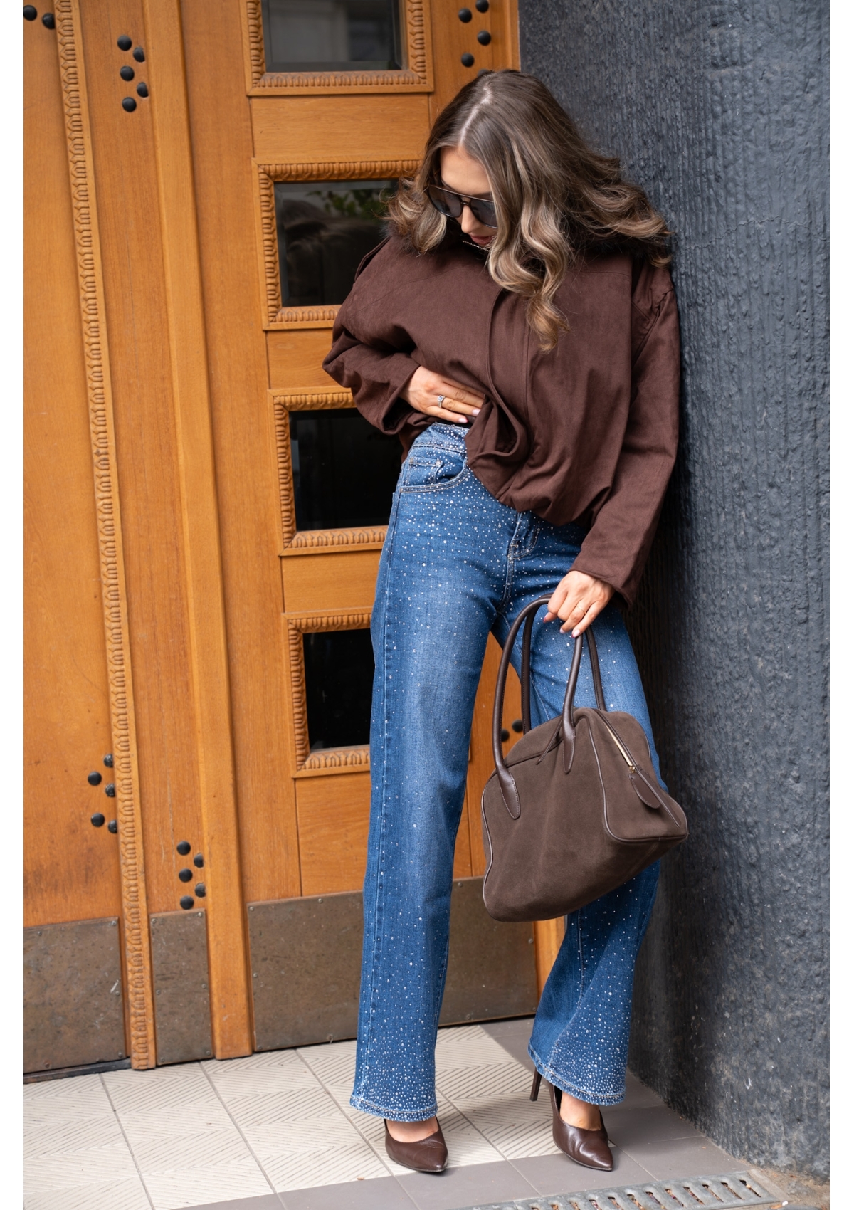 JEANSY Z CYRKONIAMI O SZEROKIEJ NOGAWCE WIDE LEG