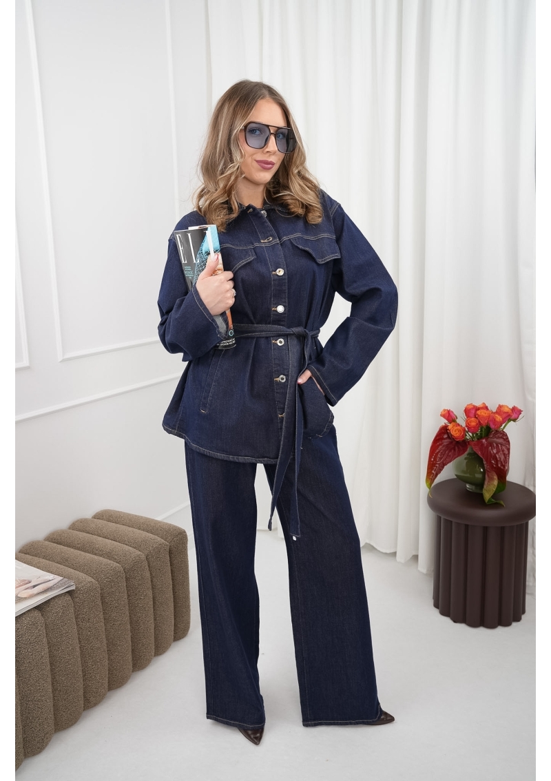 KOMPLET Z CIEMNEGO DENIMU KOSZULA Z PASKIEM I SZEROKIE SPODNIE DENIM ICON