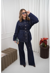 KOMPLET Z CIEMNEGO DENIMU KOSZULA Z PASKIEM I SZEROKIE SPODNIE DENIM ICON