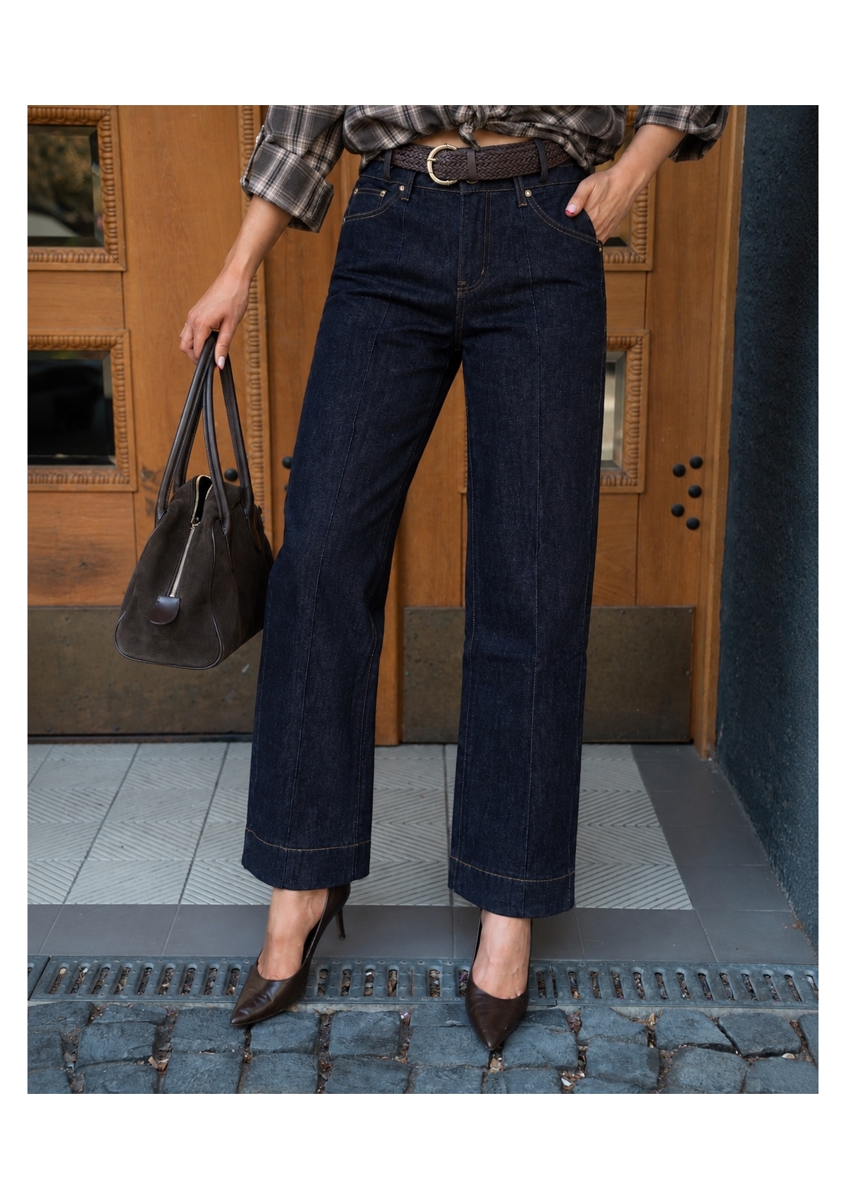 JEANSY Z PROSTĄ NOGAWKĄ CIEMNY DENIM PALAZZO PANTS  Z WYSOKIM STANEM