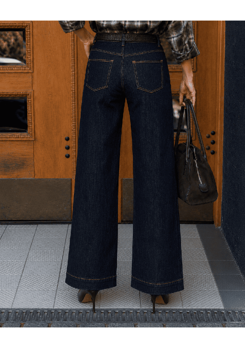 JEANSY Z PROSTĄ NOGAWKĄ CIEMNY DENIM PALAZZO PANTS  Z WYSOKIM STANEM
