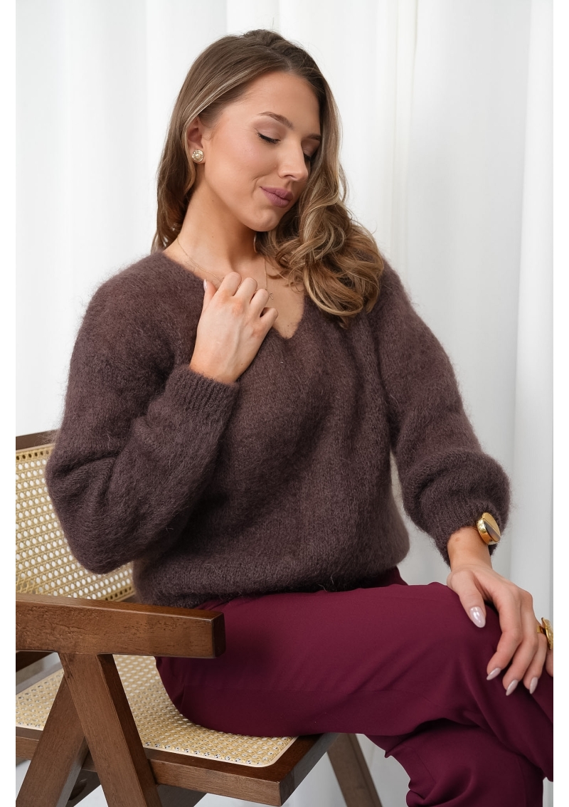 SWETER DAMSKI 80% KID MOHER DEKOLT V Z DŁUGIM RĘKAWEM