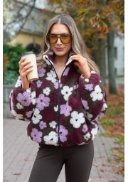 POLAR KURTKA DAMSKA TEDDY W BORDOWO-LILIOWE KWIATY