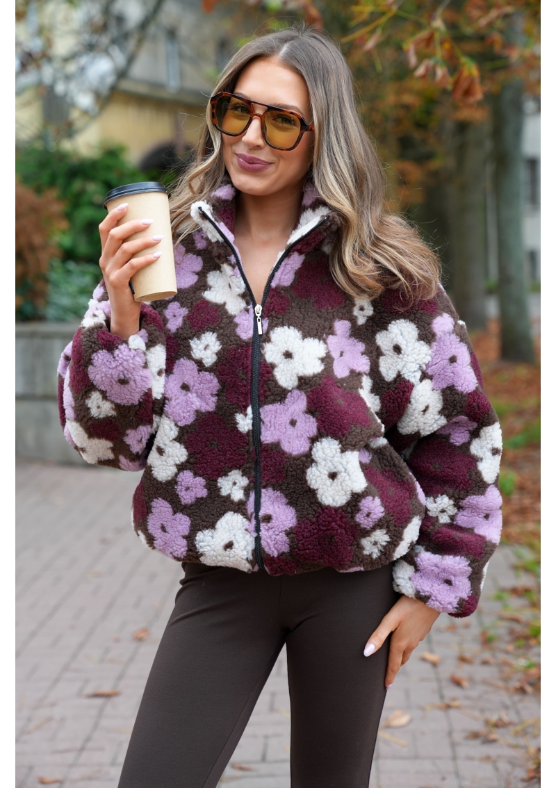 POLAR KURTKA DAMSKA TEDDY W BORDOWO-LILIOWE KWIATY