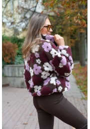 POLAR KURTKA DAMSKA TEDDY W BORDOWO-LILIOWE KWIATY