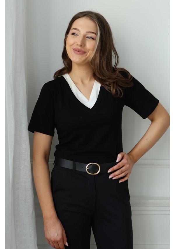 T-SHIRT DAMSKI W SEREK Z BIAŁĄ WSTAWKĄ